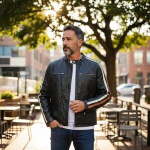 Wilson's Cycle Y2K Men’s Black Cafe Striped Racer Faux Leather Motorcycle Jacket